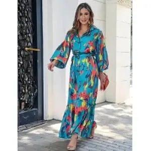 Stylish Women's Floral Print Maxi Dress Fashionable Empire Ruffles Ruched Collarless XS XL Day Vacation Winter/Autumn Made China