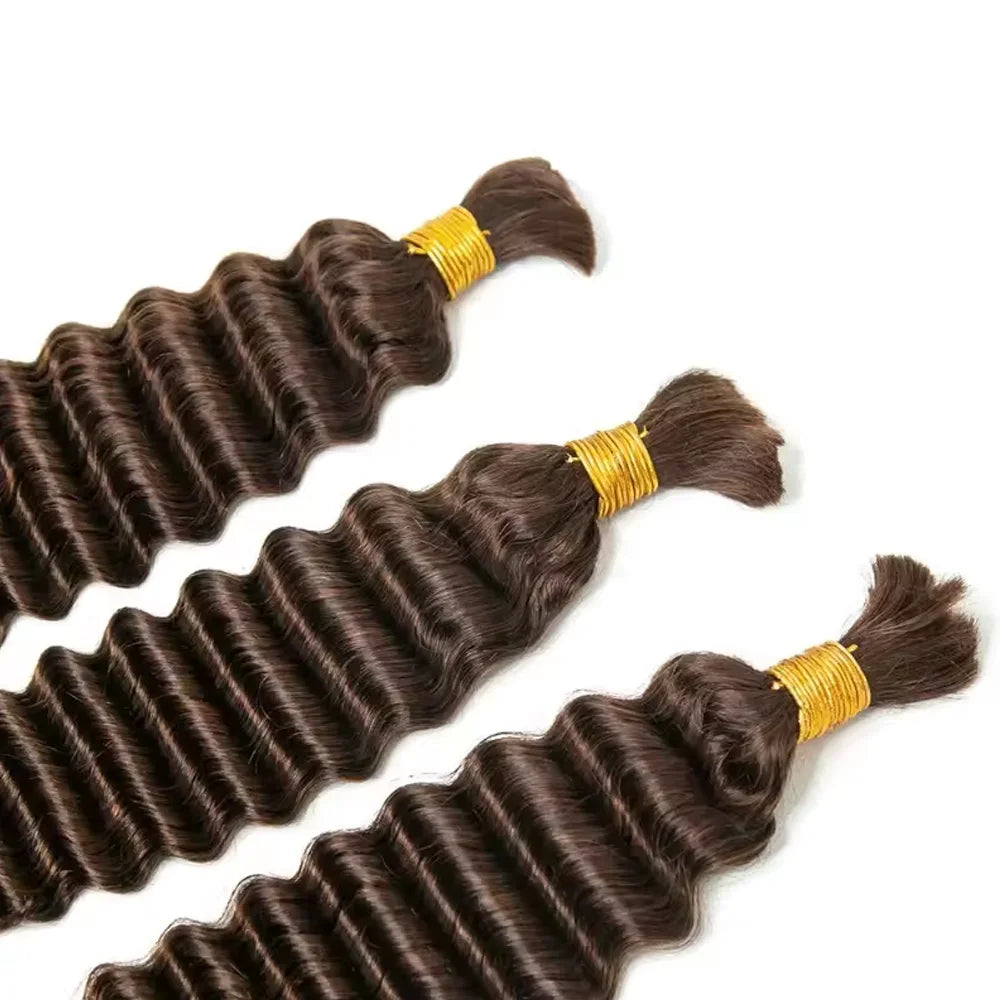 #4 Medium Brown Deep Wave Bulk Human Hair Extensions For Braiding Remy Hair Deep Curly Bulks Boho Braids For Women