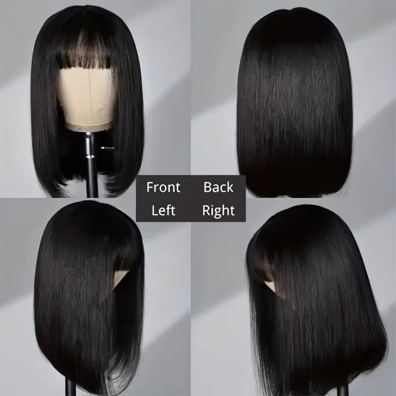 Straight Human Hair Bob Wigs With Bang Full Machine Made Wigs 3x1 Middle Part Lace Wig Brazilian Natural Color 16 Inch For Women