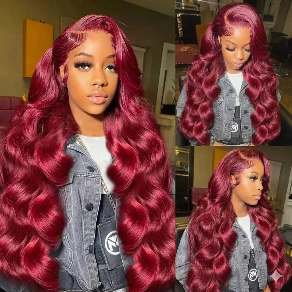 99J Burgundy Body Wave 13x6 HD Lace Frontal Human Hair Wigs for Women 250% Density Brazilian Red Color 13x7 Lace Frontal Wig 40