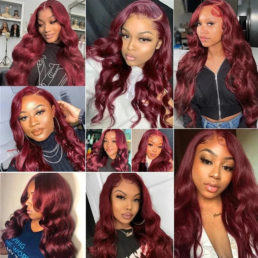 99J Burgundy Body Wave 13x6 HD Lace Frontal Human Hair Wigs for Women 250% Density Brazilian Red Color 13x7 Lace Frontal Wig 40