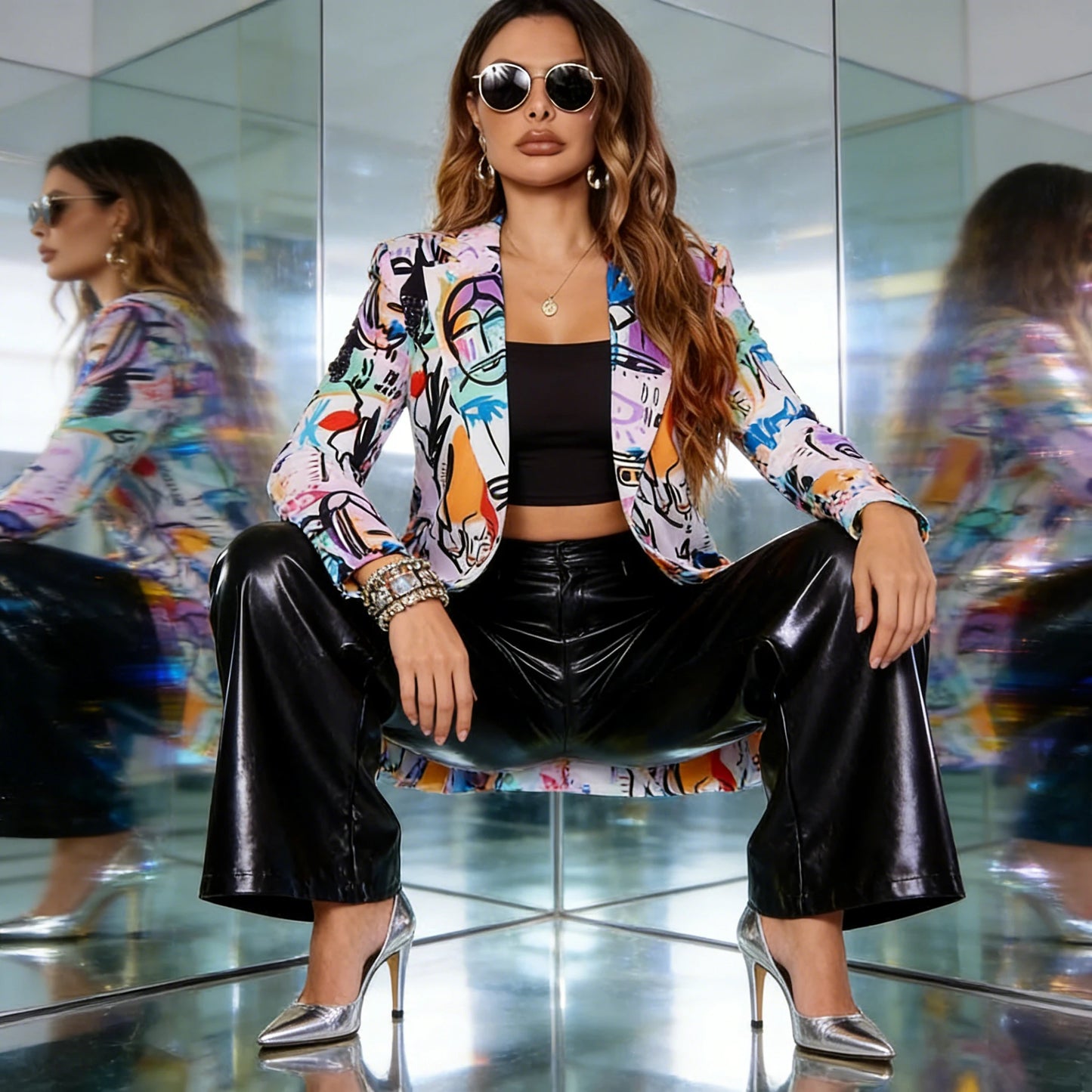 2026 Abstract Graffiti Print Open-Front Lightweight Blazers for Urban Street Casual Daily Wear Office  Weekend Getaways for lady