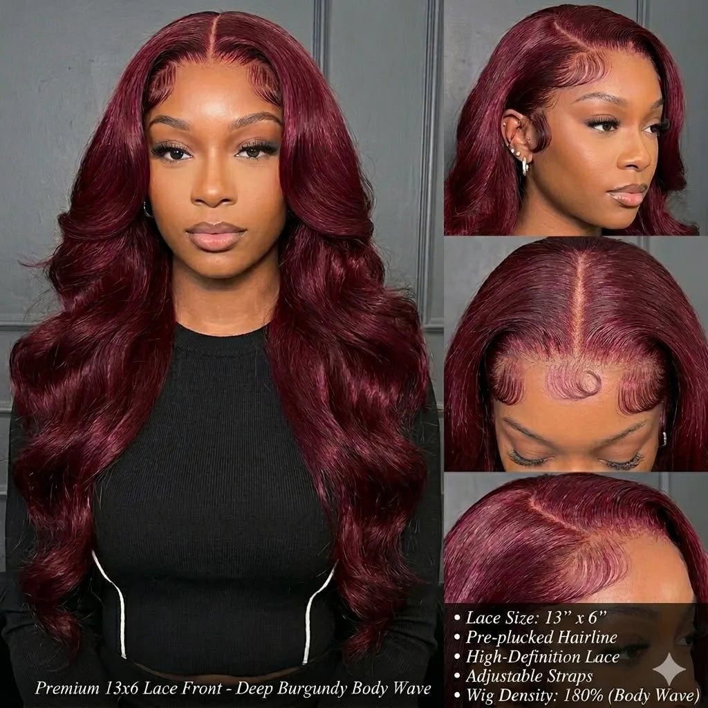99J Burgundy Body Wave 13x6 HD Lace Frontal Human Hair Wigs for Women 250% Density Brazilian Red Color 13x7 Lace Frontal Wig 40
