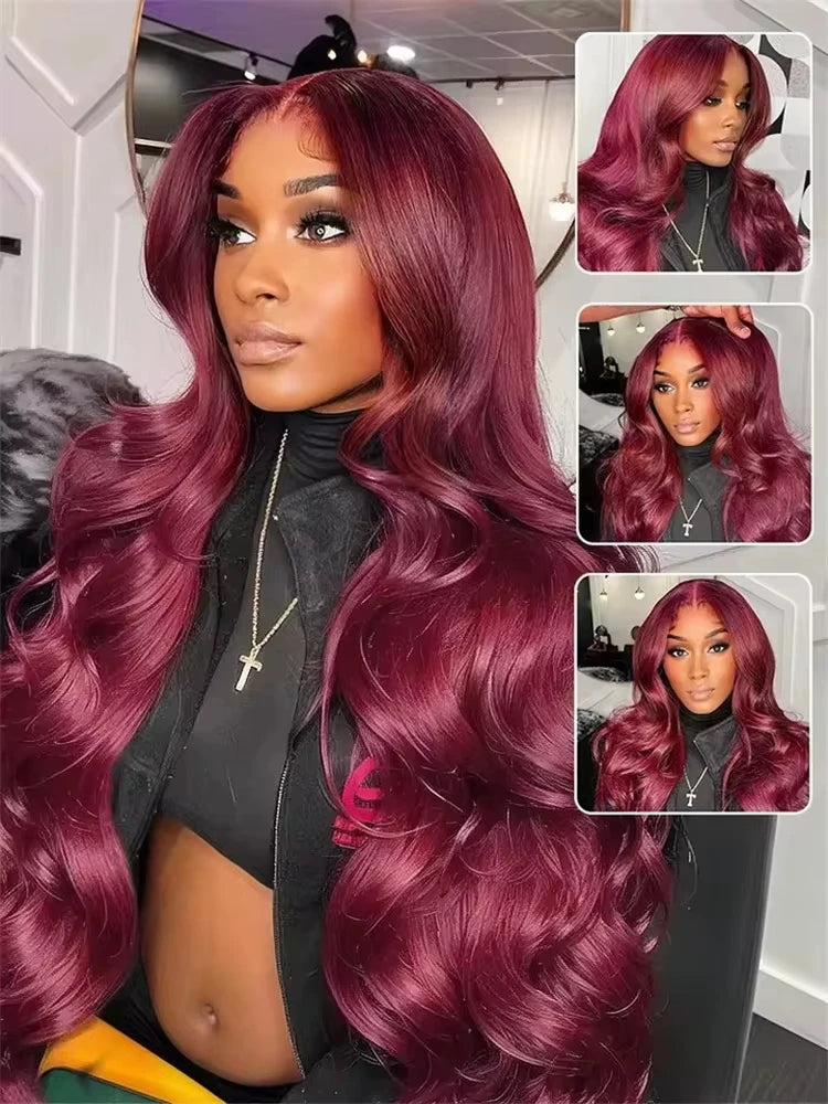 99J Burgundy Body Wave 13x6 HD Lace Frontal Human Hair Wigs for Women 250% Density Brazilian Red Color 13x7 Lace Frontal Wig 40