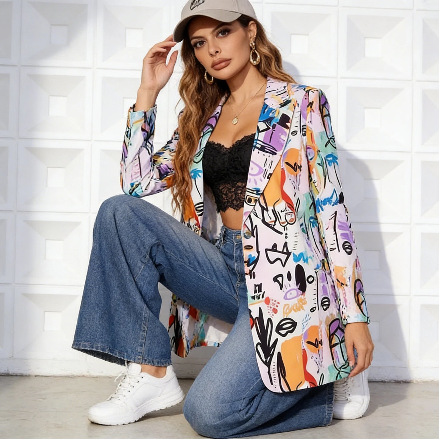 2026 Abstract Graffiti Print Open-Front Lightweight Blazers for Urban Street Casual Daily Wear Office  Weekend Getaways for lady