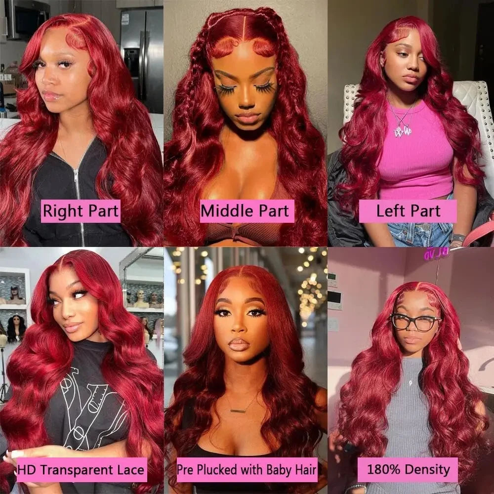 99J Burgundy Body Wave 13x6 HD Lace Frontal Human Hair Wigs for Women 250% Density Brazilian Red Color 13x7 Lace Frontal Wig 40