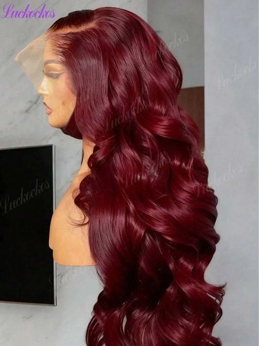99J Burgundy Body Wave 13x6 HD Lace Frontal Human Hair Wigs for Women 250% Density Brazilian Red Color 13x7 Lace Frontal Wig 40