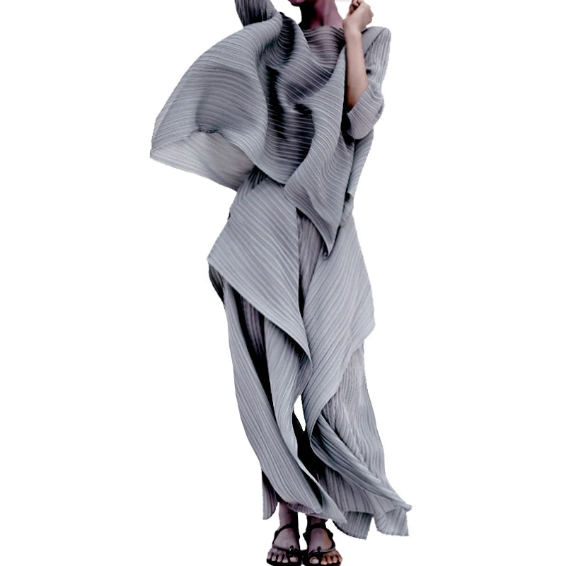 Miyake Pleated Women Two Piece Sets 2023 Summer Long Sleeve T-shirt Tops Ladies Loose Pants Original Designer Causal Clothes