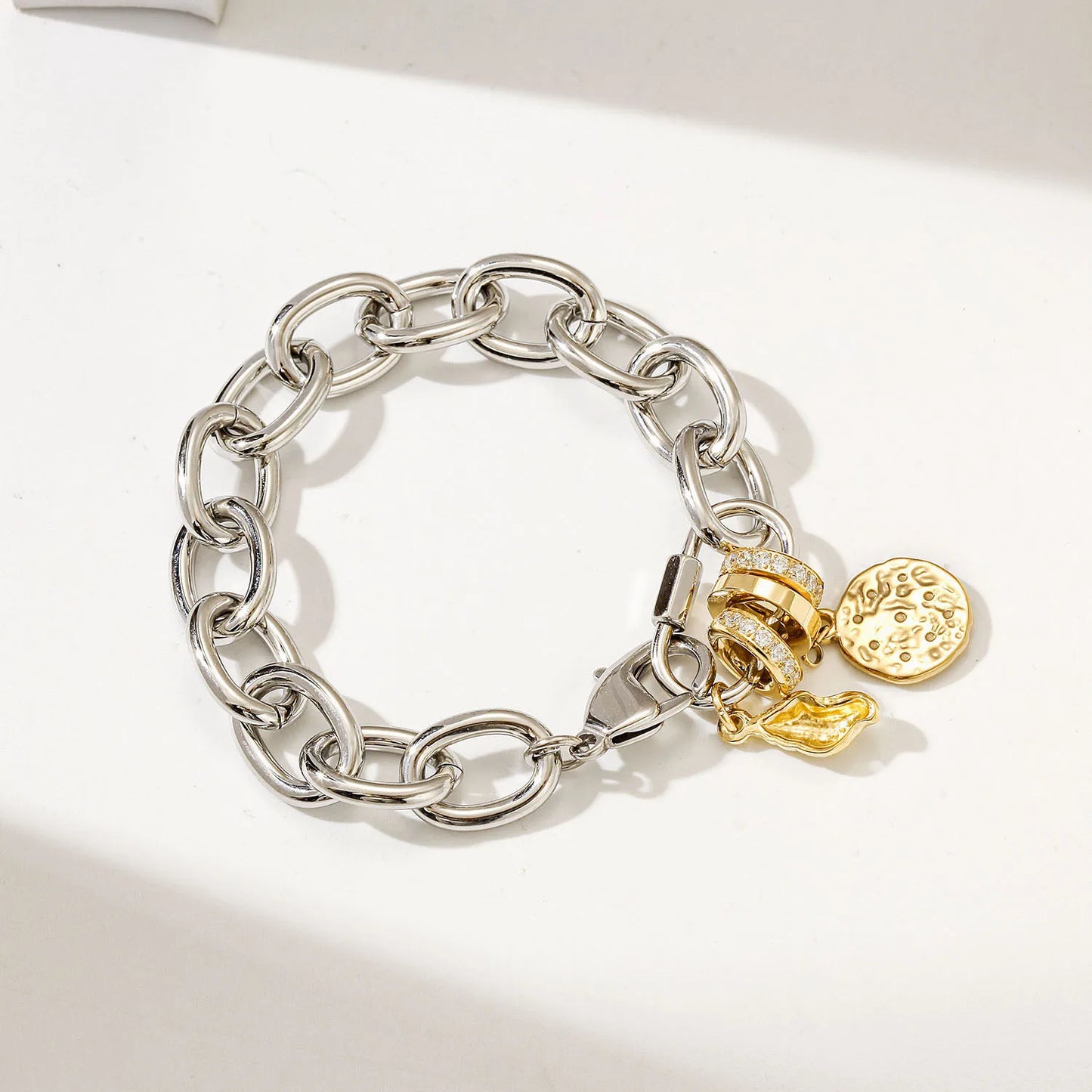 Unisex Stainless steel Creative Printing Charm Bracelet with Gold Cross Barrel Bead Fashionable Accessories for Men Women
