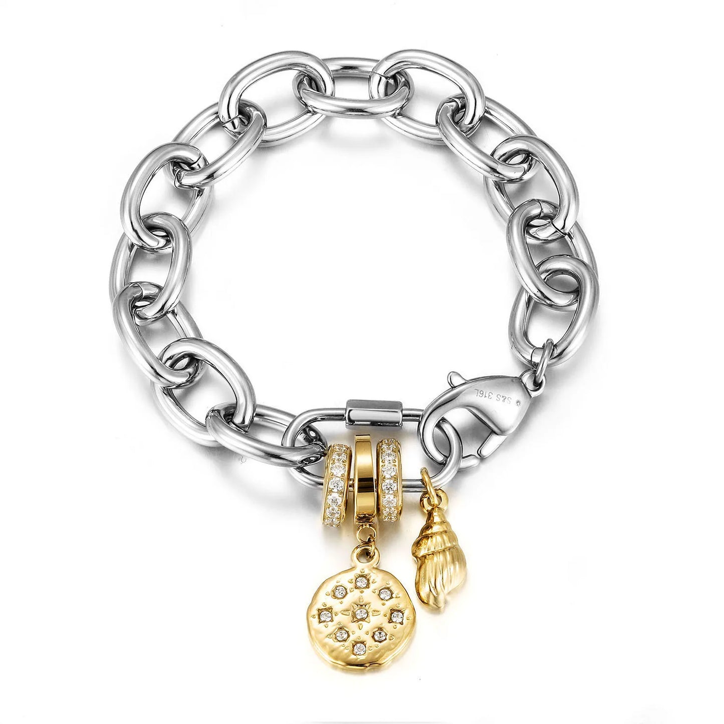 Unisex Stainless steel Creative Printing Charm Bracelet with Gold Cross Barrel Bead Fashionable Accessories for Men Women