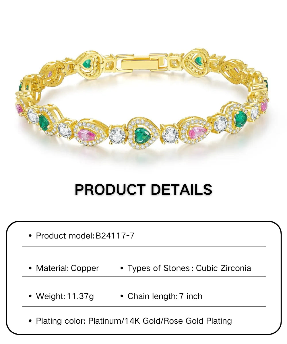 Gold Plated Chain Bracelet Women's Fashion Bracelet 14K Gold CZ Zirconia Zircon Heart Emerald Women Tennis Bracelet Link