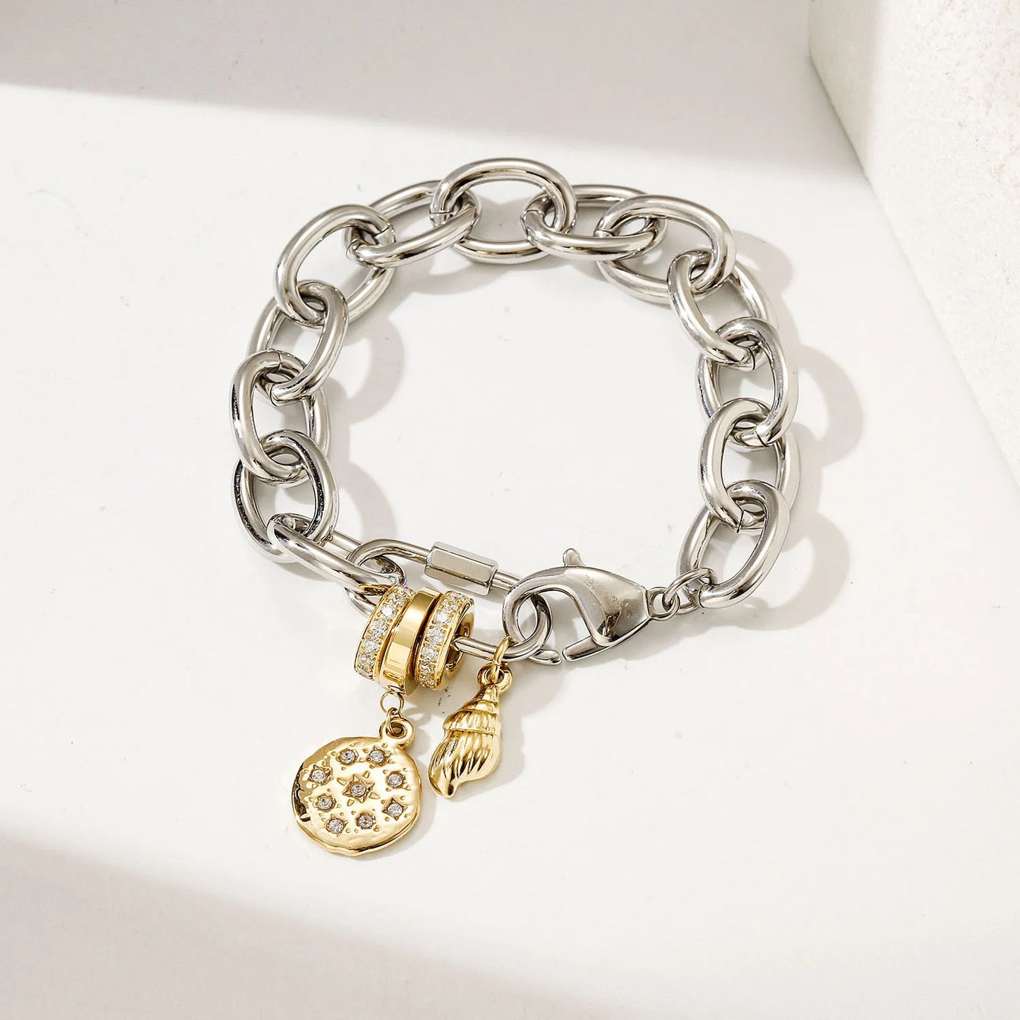 Unisex Stainless steel Creative Printing Charm Bracelet with Gold Cross Barrel Bead Fashionable Accessories for Men Women