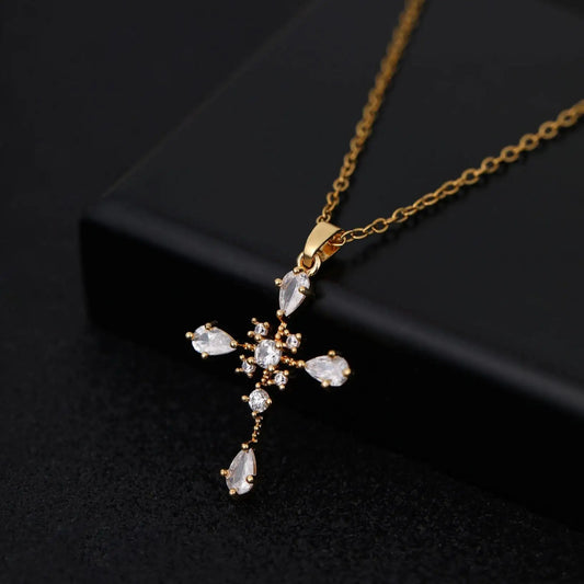 US Local Stock Fast Shipping Cross Pendant High Quality Zircon Gold Plated Stainless Steel Chain Charms Pendants Christian Gift