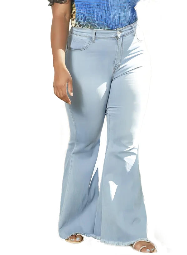 Women's Plus Size High Waist Straight Baggy Design Sky Flare Denim Jeans Custom Wide Leg Washable Feature Solid Wholesale Casual