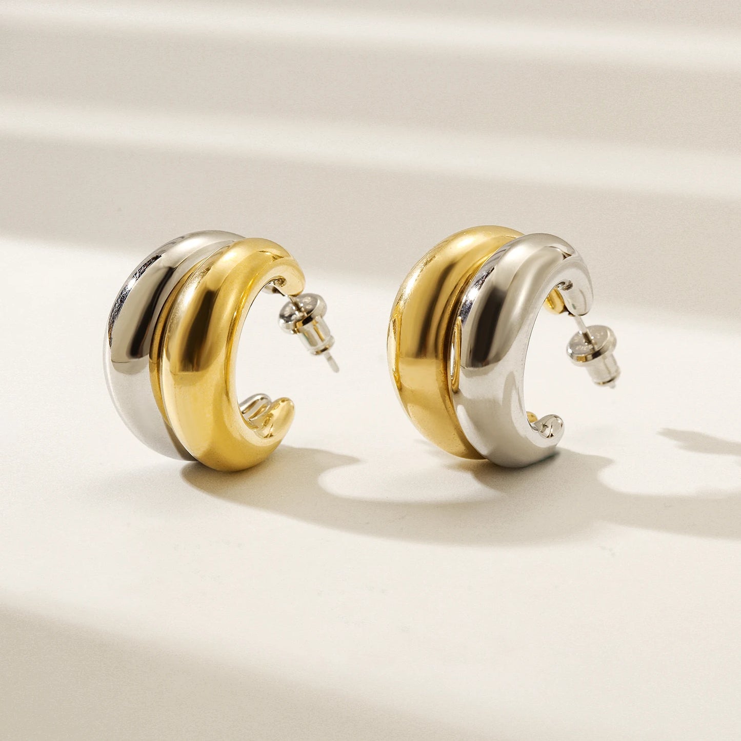 Hip Hop Stainless Steel Double Layer Hoop Earrings for Street Girls Gold Geometric Design Zircon Trendy Jewelry Accessories