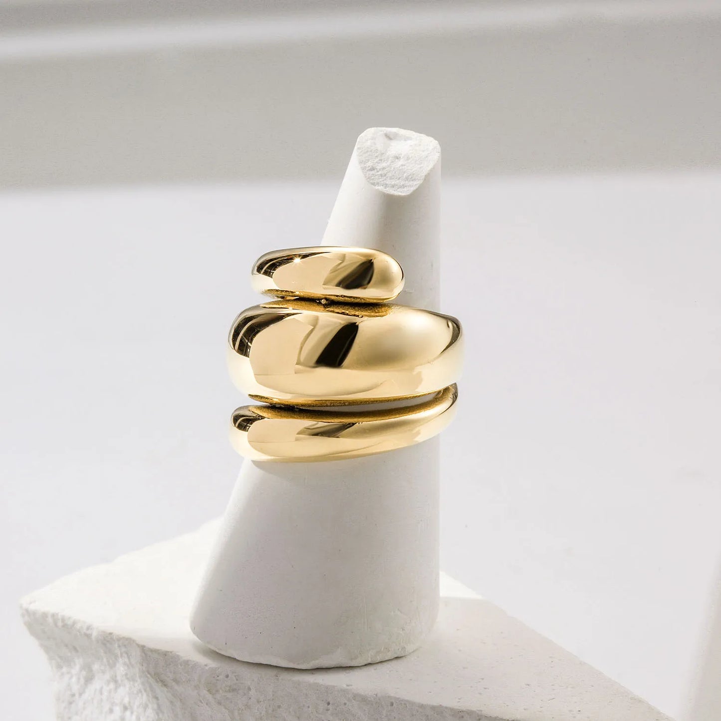 Double Layer Gold-Plated Stainless Steel Rings Natural Stone Trendy Engraved Logo Wedding Engagement Party Gift Ideas for Women