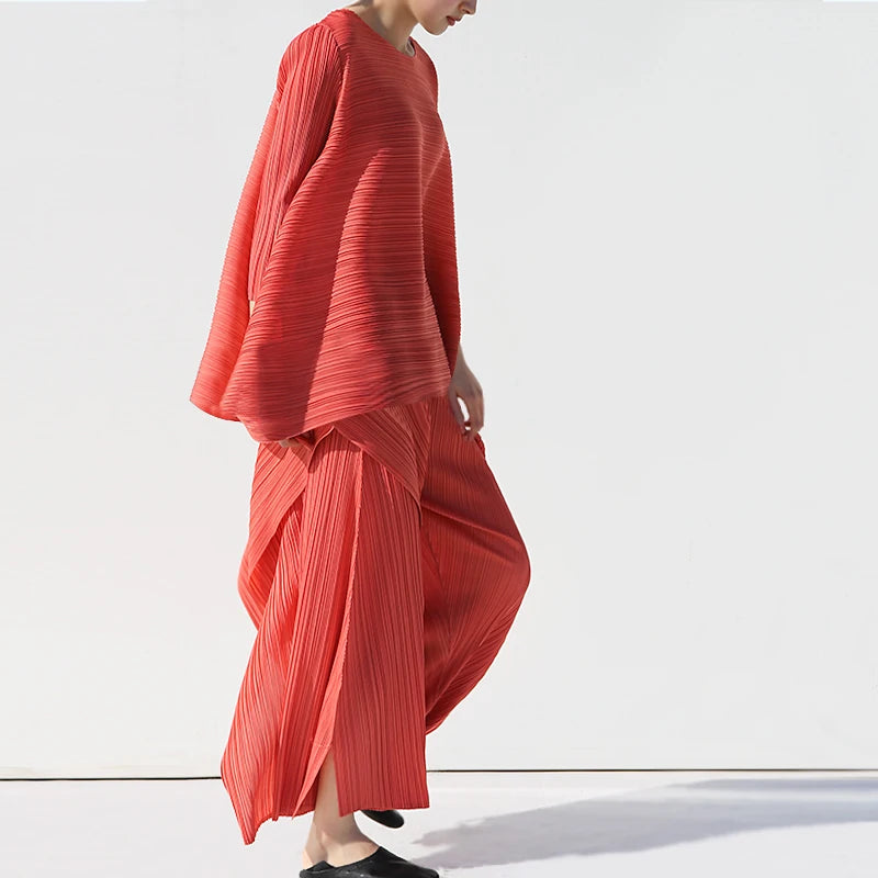 Miyake Pleated Women Two Piece Sets 2023 Summer Long Sleeve T-shirt Tops Ladies Loose Pants Original Designer Causal Clothes
