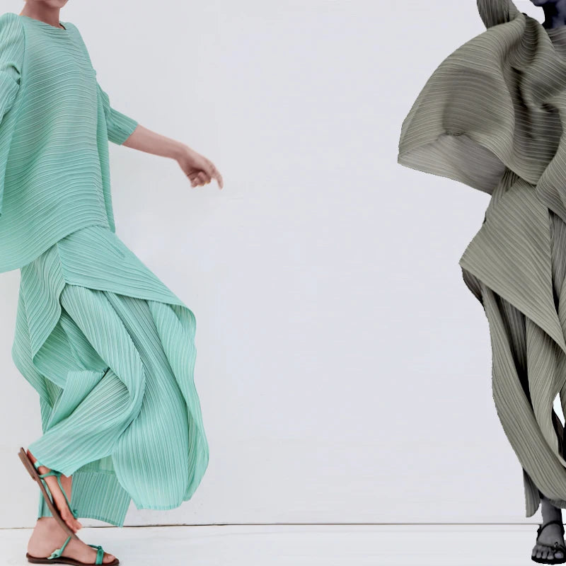 Miyake Pleated Women Two Piece Sets 2023 Summer Long Sleeve T-shirt Tops Ladies Loose Pants Original Designer Causal Clothes