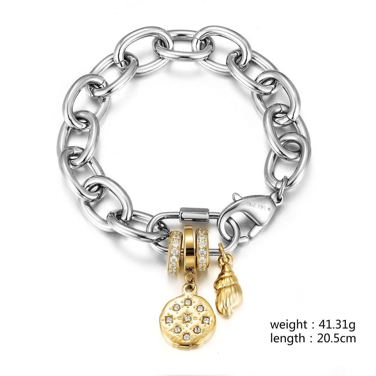 Unisex Stainless steel Creative Printing Charm Bracelet with Gold Cross Barrel Bead Fashionable Accessories for Men Women