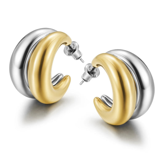Hip Hop Stainless Steel Double Layer Hoop Earrings for Street Girls Gold Geometric Design Zircon Trendy Jewelry Accessories