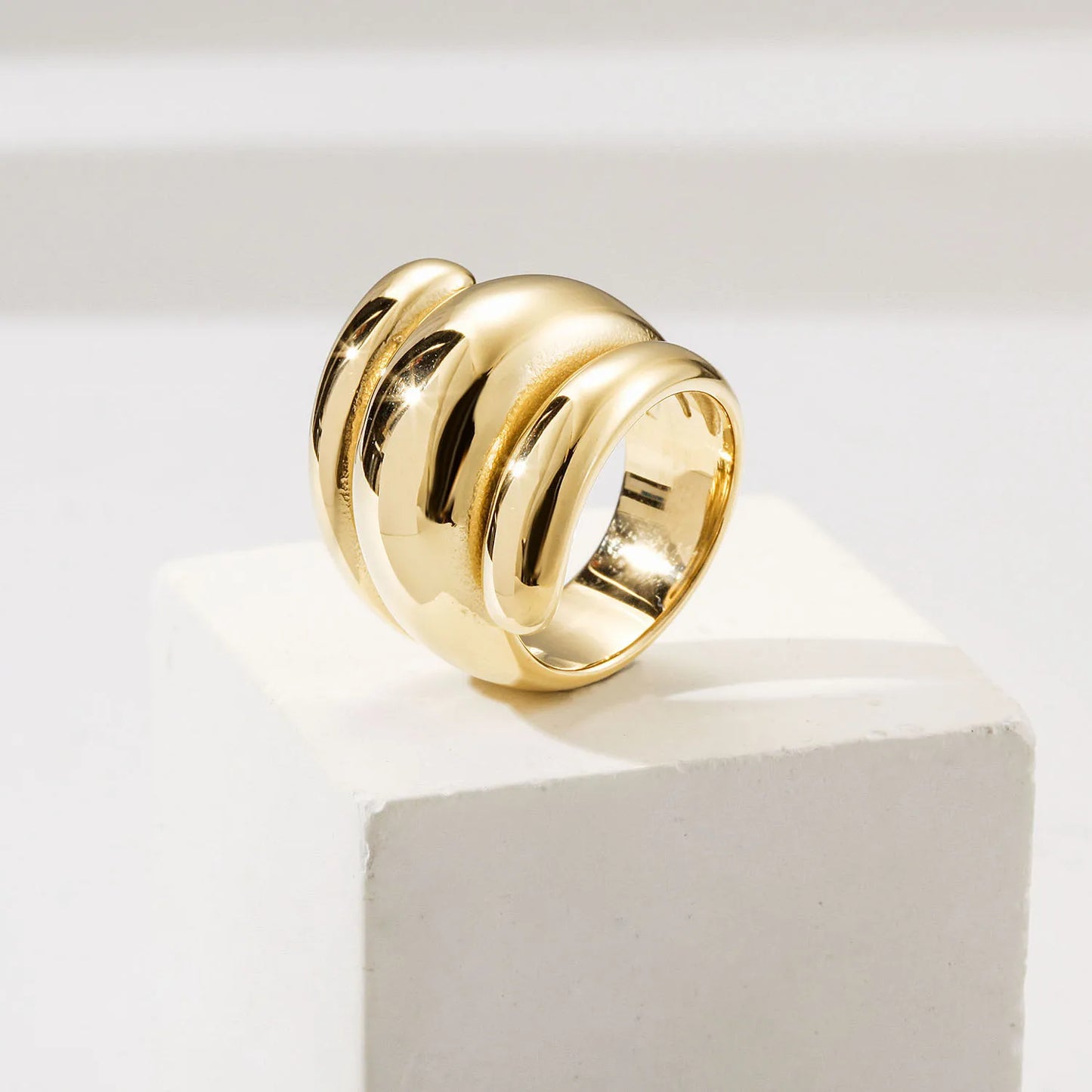 Double Layer Gold-Plated Stainless Steel Rings Natural Stone Trendy Engraved Logo Wedding Engagement Party Gift Ideas for Women