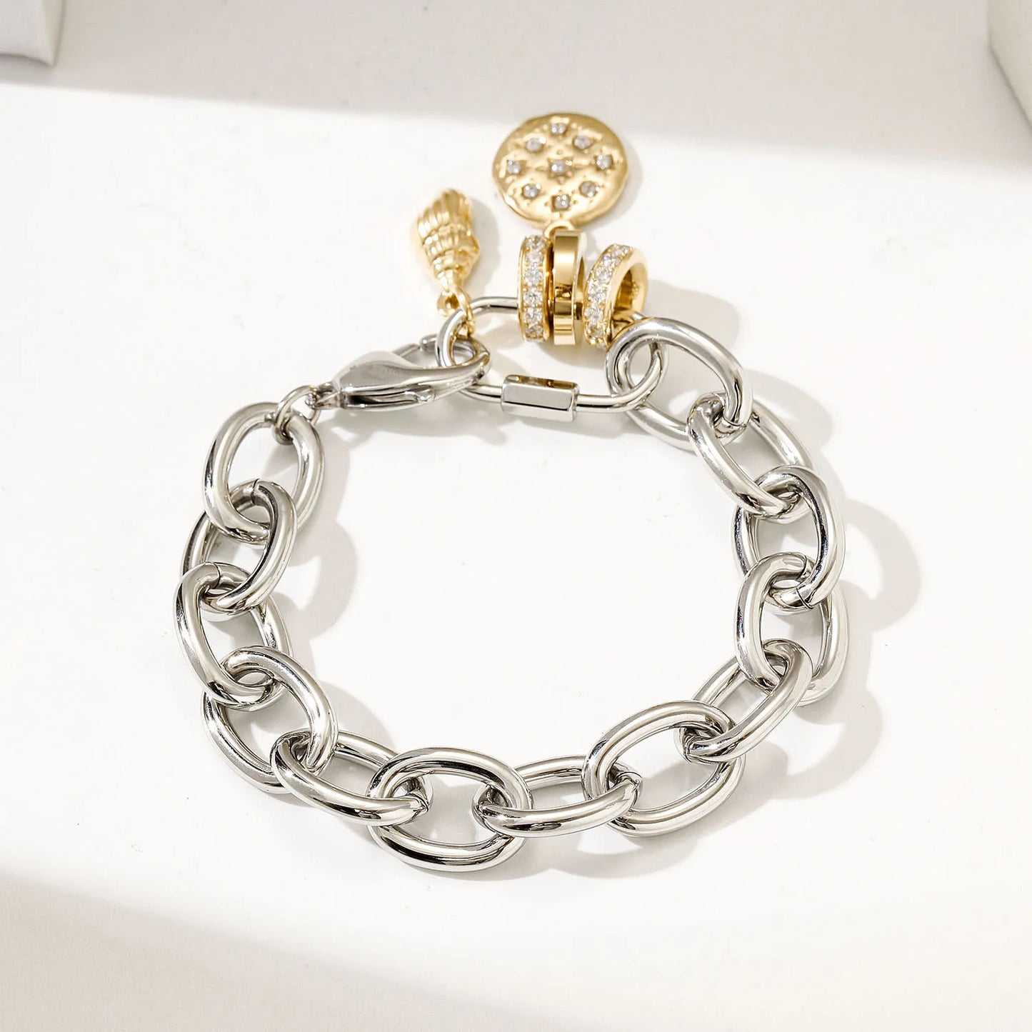 Unisex Stainless steel Creative Printing Charm Bracelet with Gold Cross Barrel Bead Fashionable Accessories for Men Women
