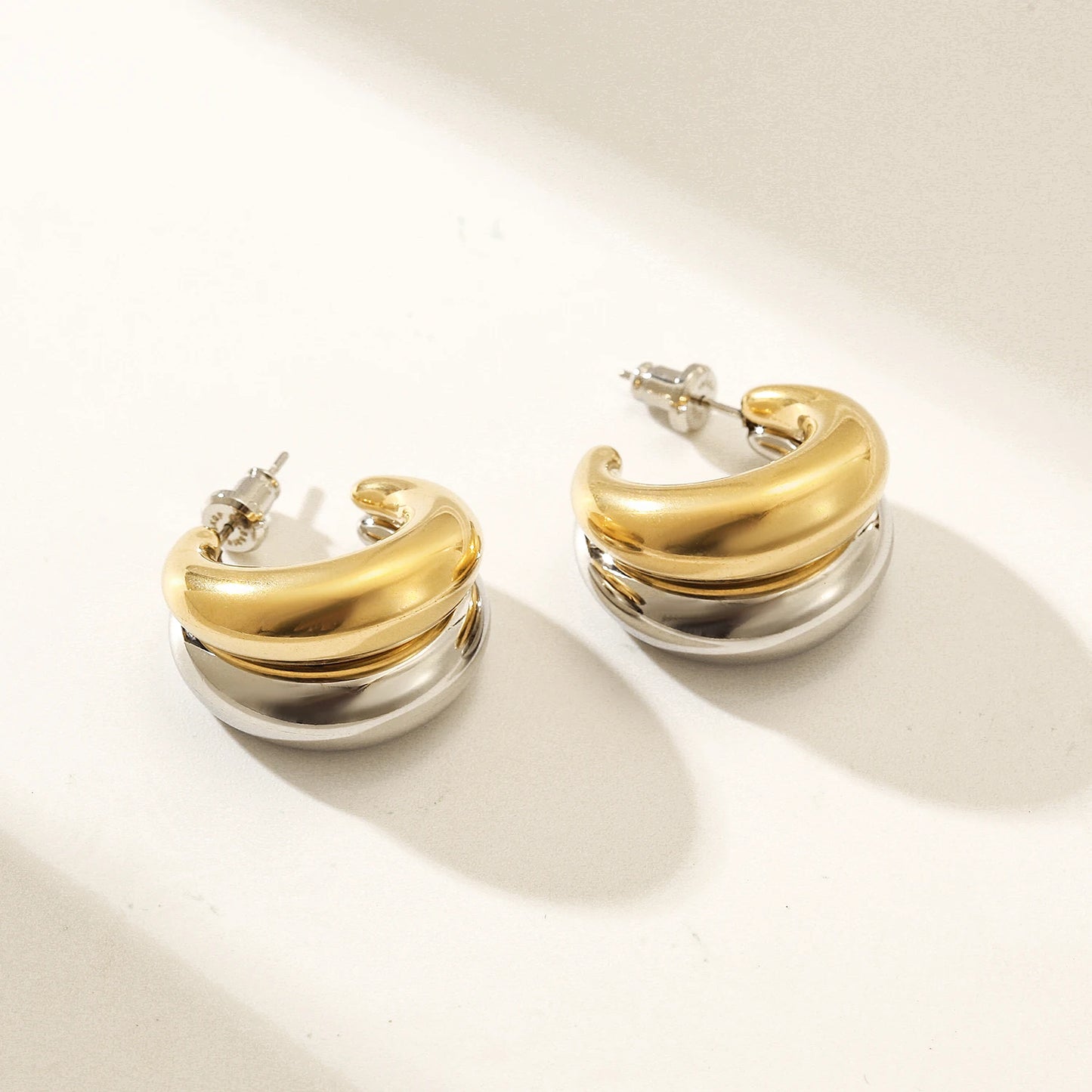 Hip Hop Stainless Steel Double Layer Hoop Earrings for Street Girls Gold Geometric Design Zircon Trendy Jewelry Accessories