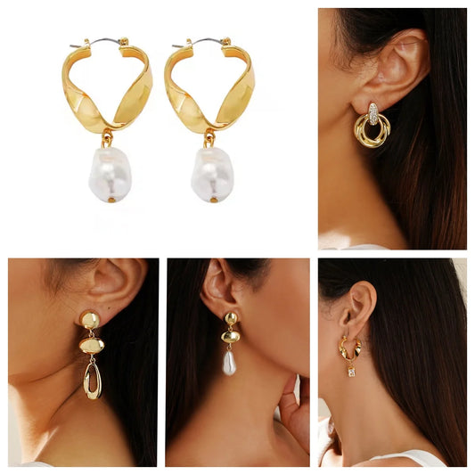USA Stock New Arrival Trendy Gold Plated Pearl Drop Earrings for Women Minimalist Geometric Hoop Earrings Jewelry