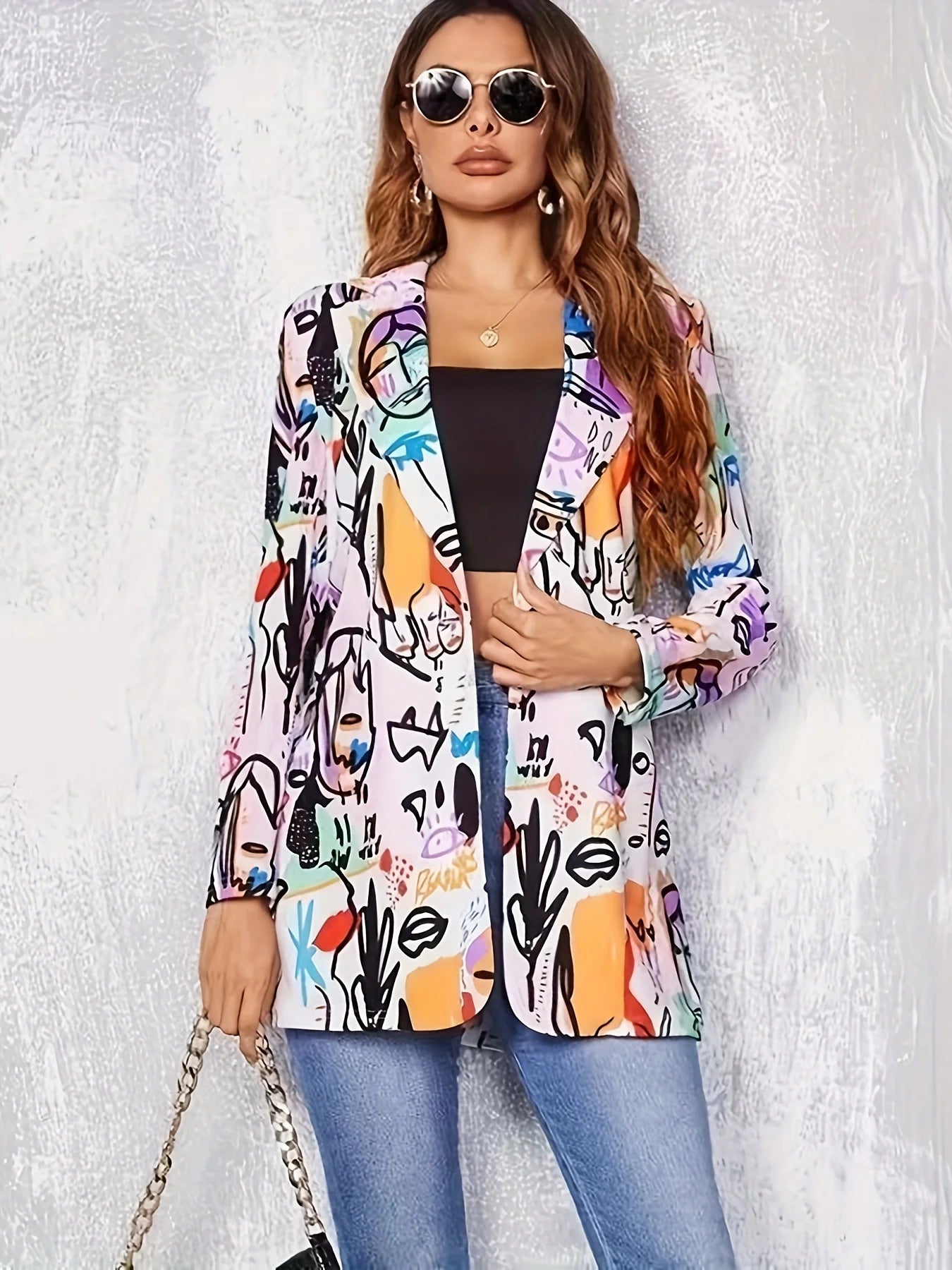 2026 Abstract Graffiti Print Open-Front Lightweight Blazers for Urban Street Casual Daily Wear Office  Weekend Getaways for lady
