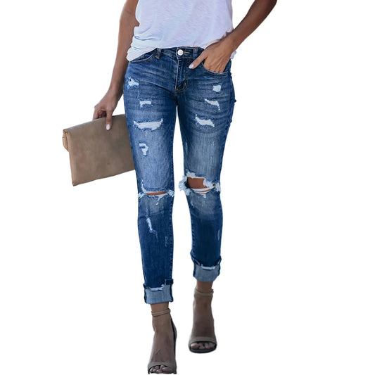 China Factory Wholesale Women's Dark Blue Skinny Ripped Denim Jeans Stretchy Feet Long Tear Legging Pencil Pants Casual Waist