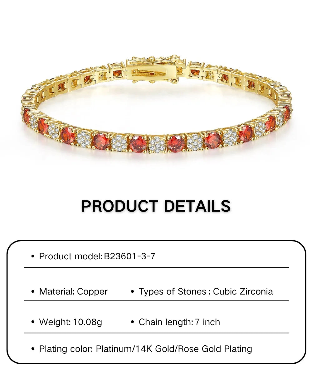 Gold Plated Chain Bracelet Women's Fashion Bracelet 14K Gold CZ Zirconia Zircon Heart Ruby Women Tennis Bracelet Link