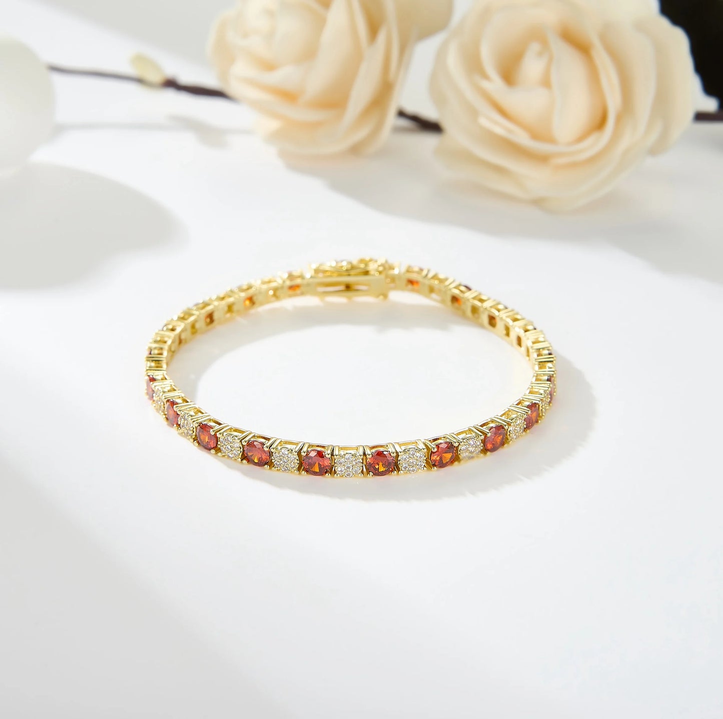 Gold Plated Chain Bracelet Women's Fashion Bracelet 14K Gold CZ Zirconia Zircon Heart Ruby Women Tennis Bracelet Link