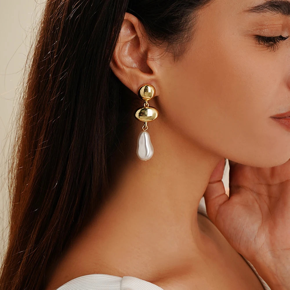 USA Stock New Arrival Trendy Gold Plated Pearl Drop Earrings for Women Minimalist Geometric Hoop Earrings Jewelry