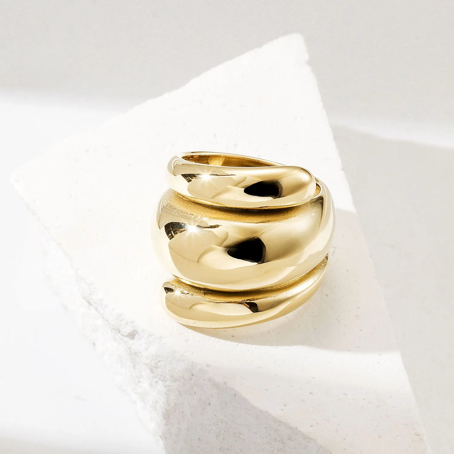 Double Layer Gold-Plated Stainless Steel Rings Natural Stone Trendy Engraved Logo Wedding Engagement Party Gift Ideas for Women