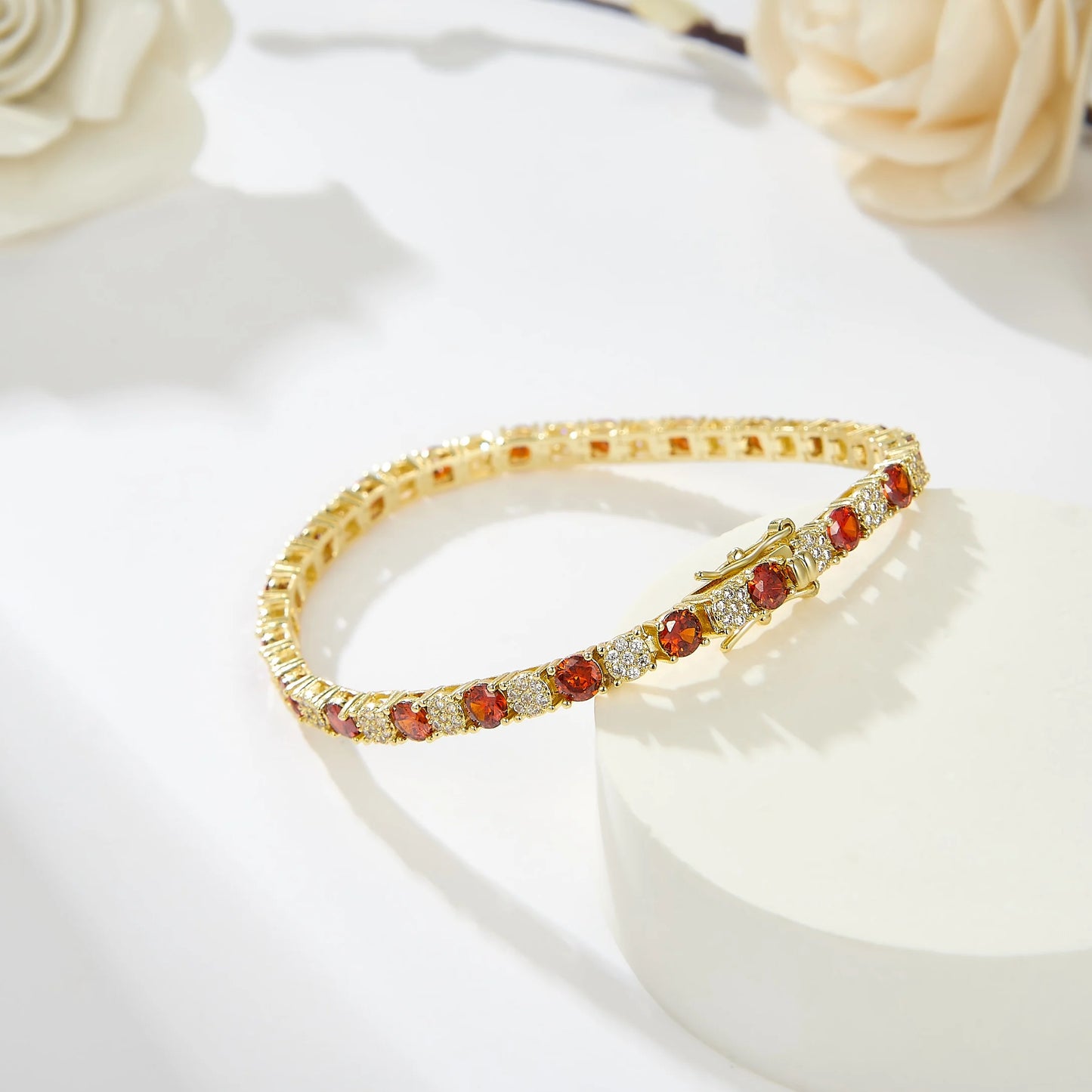 Gold Plated Chain Bracelet Women's Fashion Bracelet 14K Gold CZ Zirconia Zircon Heart Ruby Women Tennis Bracelet Link