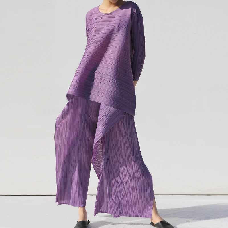 Miyake Pleated Women Two Piece Sets 2023 Summer Long Sleeve T-shirt Tops Ladies Loose Pants Original Designer Causal Clothes