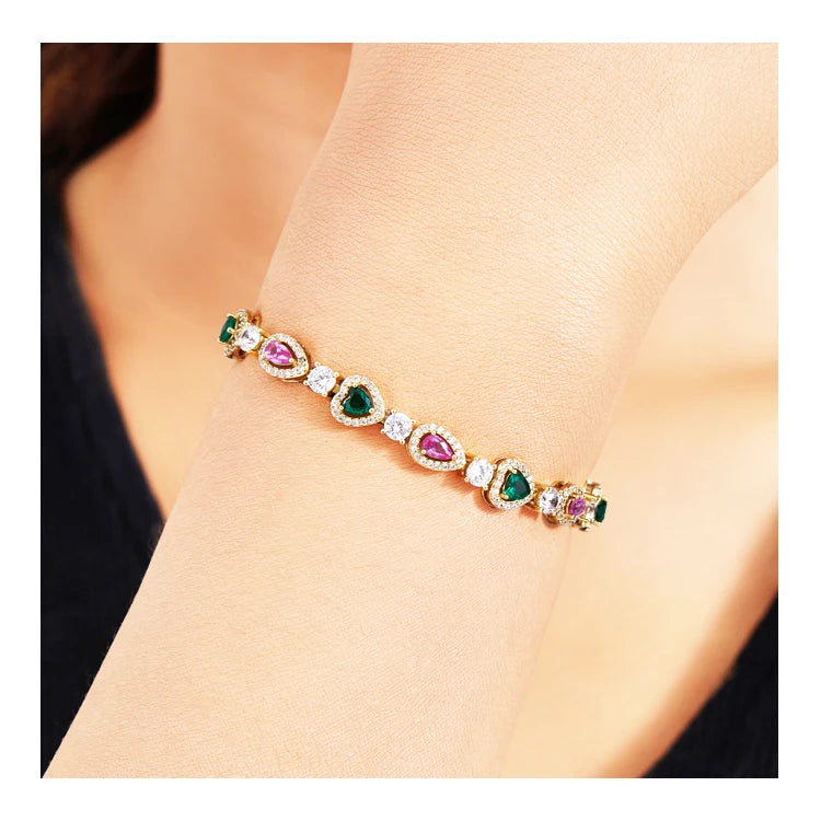 Gold Plated Chain Bracelet Women's Fashion Bracelet 14K Gold CZ Zirconia Zircon Heart Emerald Women Tennis Bracelet Link
