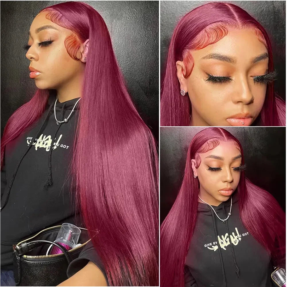 99J Burgundy  Straight Lace Front Human Hair Wigs 13x4 13x6 HD Transparent Full Lace Frontal Wig 200 Density Straight Hair Wigs