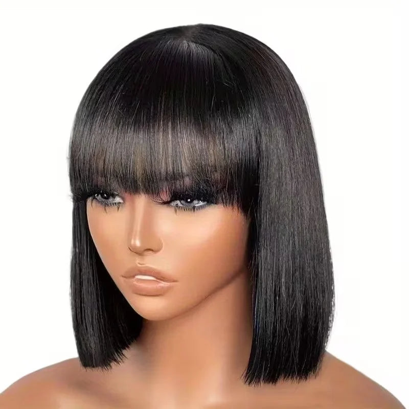 Straight Human Hair Bob Wigs With Bang Full Machine Made Wigs 3x1 Middle Part Lace Wig Brazilian Natural Color 16 Inch For Women