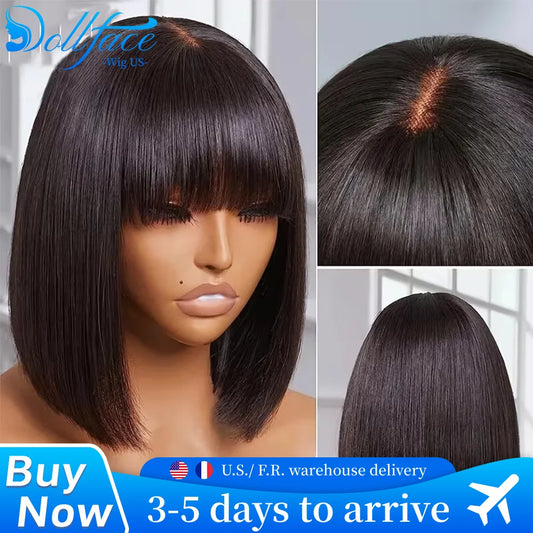 Straight Human Hair Bob Wigs With Bang Full Machine Made Wigs 3x1 Middle Part Lace Wig Brazilian Natural Color 16 Inch For Women