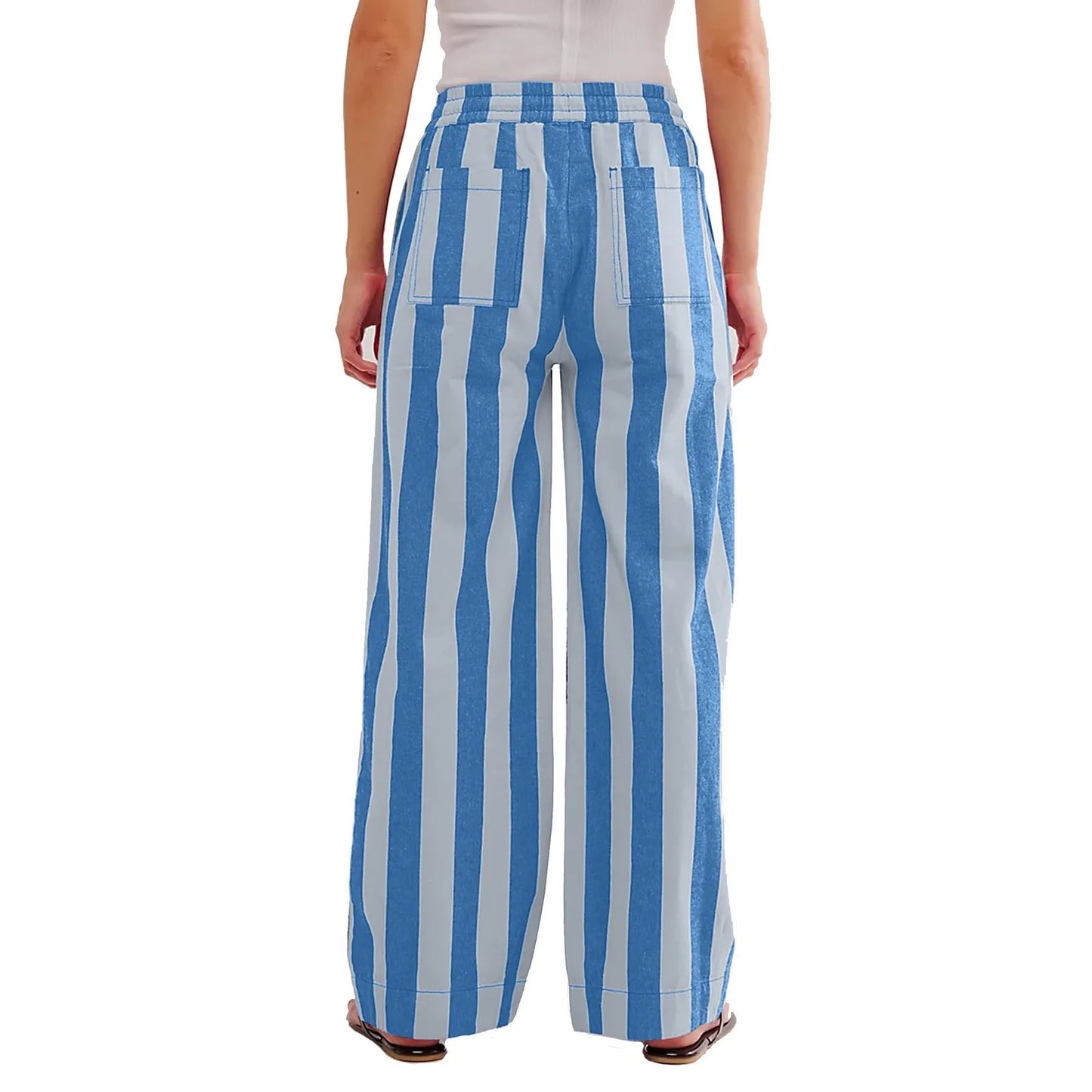 Women Casual Baggy Trousers Striped Color Blocking High Waist Wide Leg Pants Pockets Summer Lightweight Palazzo Pajama Bottom