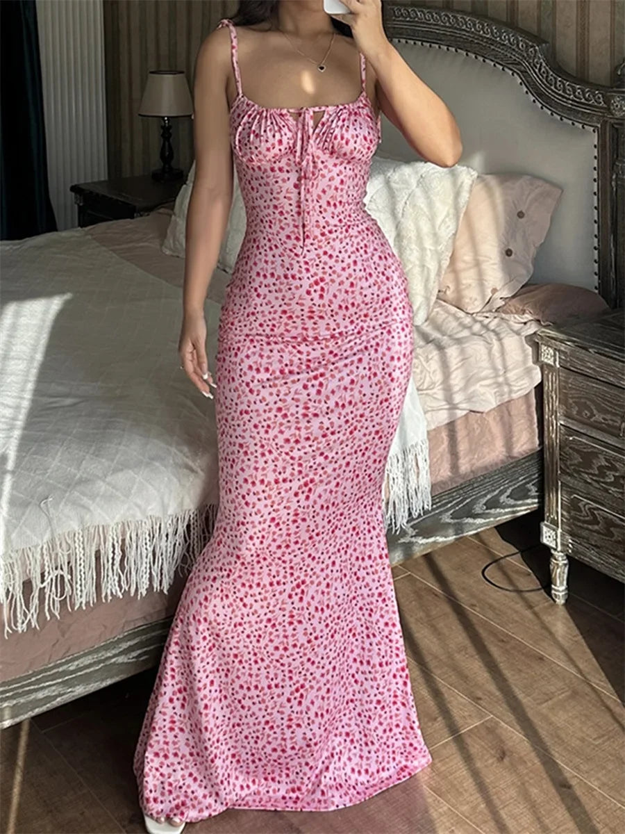 Women Spaghetti Strap Dresses Drawstring Design Floral Print Slim Fit Long Bodycon Dresses Perfect for Summer Spring Hot Sale