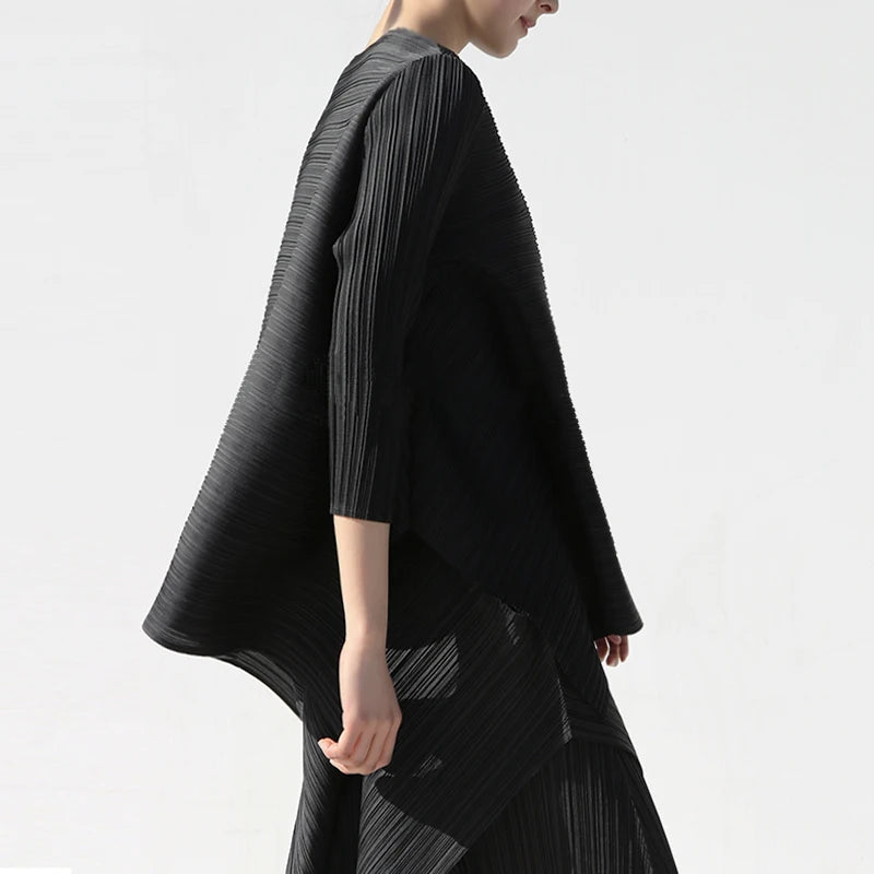 Miyake Pleated Women Two Piece Sets 2023 Summer Long Sleeve T-shirt Tops Ladies Loose Pants Original Designer Causal Clothes