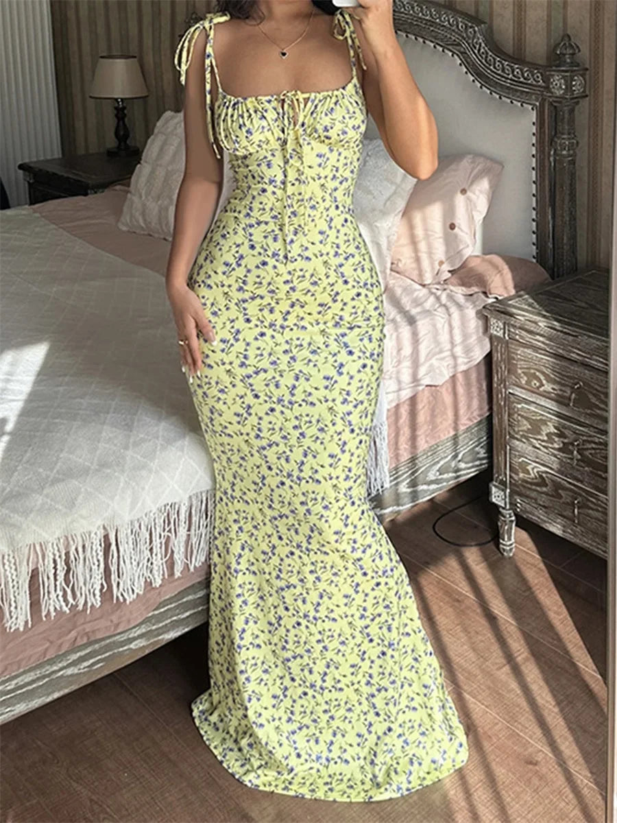 Women Spaghetti Strap Dresses Drawstring Design Floral Print Slim Fit Long Bodycon Dresses Perfect for Summer Spring Hot Sale
