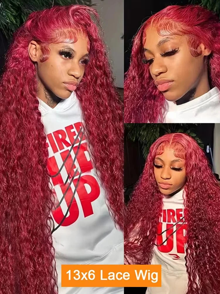 30 40 Inch 99J Burgundy Deep Wave 13x6 Hd Lace Frontal Human Hair Wig Red Colored 13x4 Transparent Lace Curly Frontal Wigs