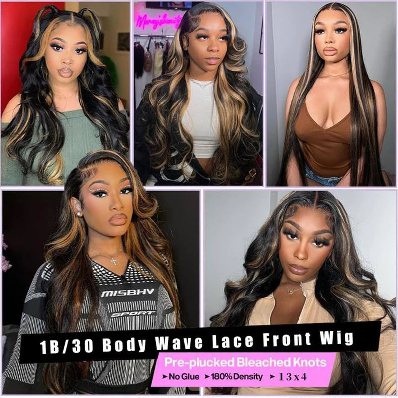 30 Inch Body Wave Ombre Lace Front Wig Human Hair PB/30 Colored Highlight 13x4 HD Lace Frontal Wig BalayageHuman Hair for Women