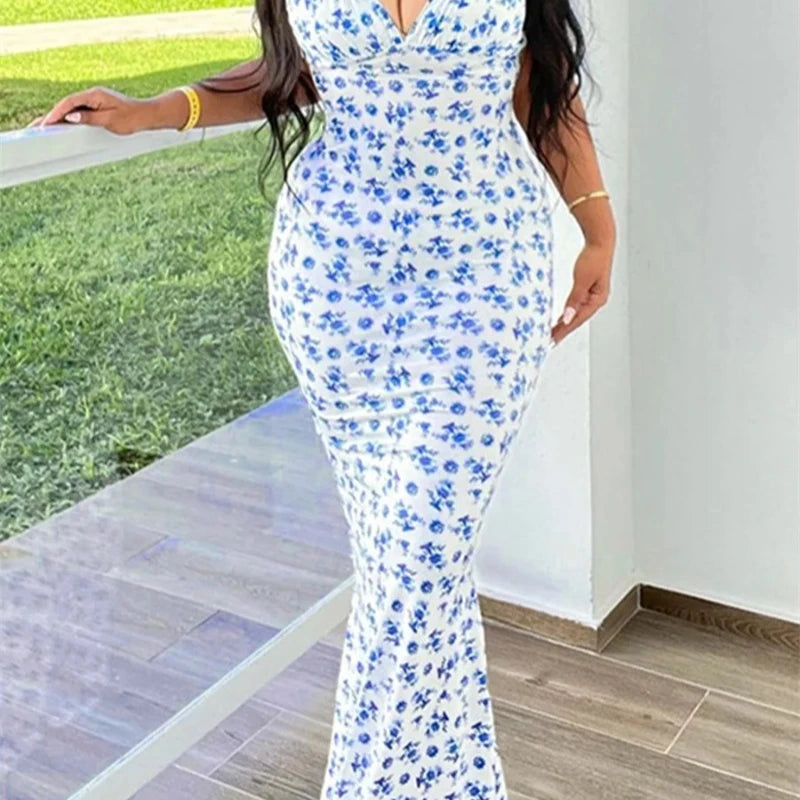 Women Spaghetti Strap Dresses Drawstring Design Floral Print Slim Fit Long Bodycon Dresses Perfect for Summer Spring Hot Sale