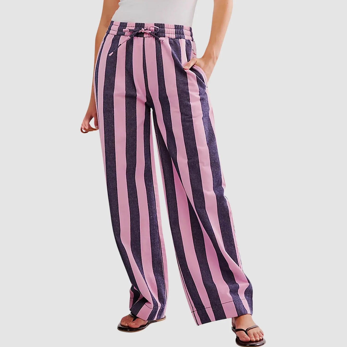 Women Casual Baggy Trousers Striped Color Blocking High Waist Wide Leg Pants Pockets Summer Lightweight Palazzo Pajama Bottom