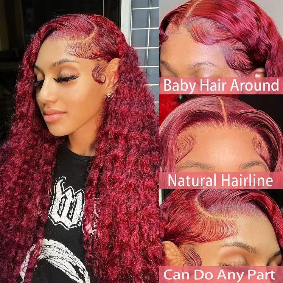 30 40 Inch 99J Burgundy Deep Wave 13x6 Hd Lace Frontal Human Hair Wig Red Colored 13x4 Transparent Lace Curly Frontal Wigs