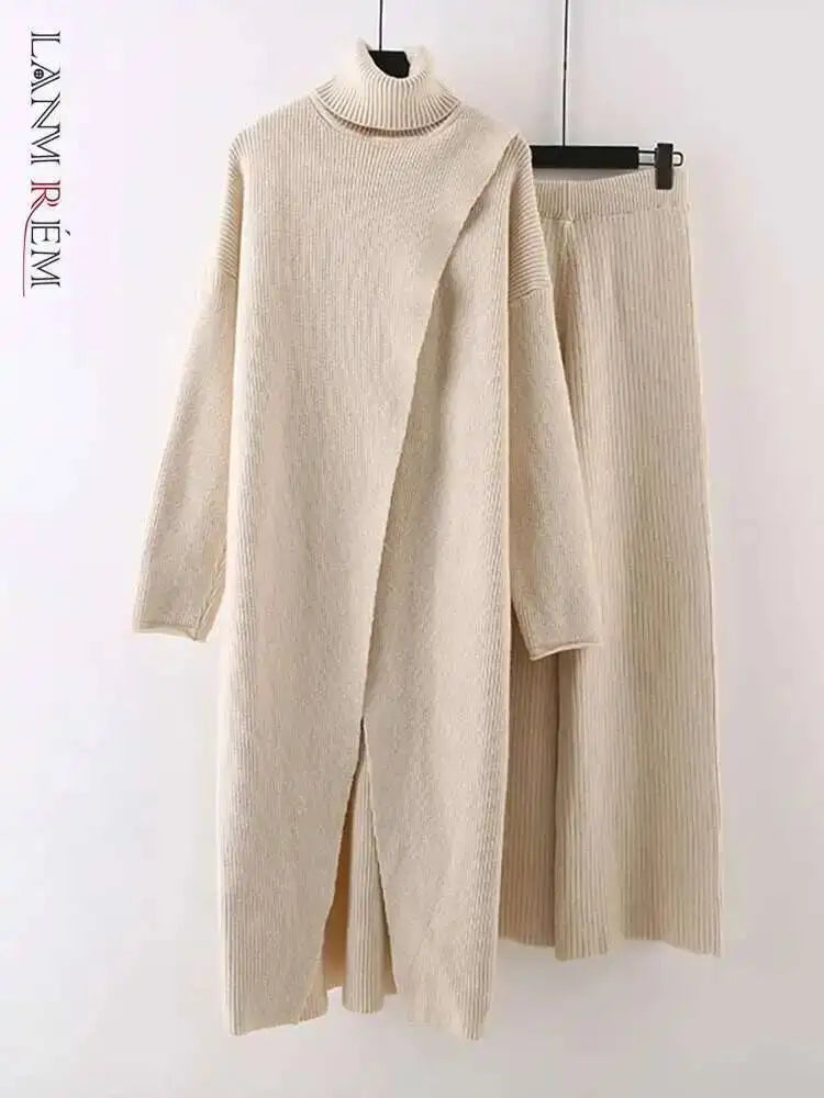 LANMREM Split Long High Neck Sweaters With Wide Leg Pants 2 Pieces Knitted Thickened Sets Female Loose Clothing Autumn 2DA1621
